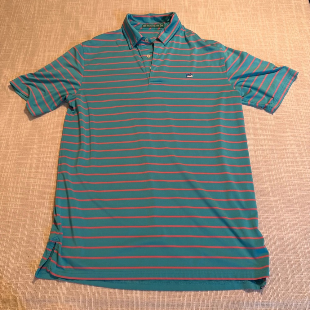 Southern Tide Club Mens Medium Teal Pink Striped Performance Polo Shirt RN123934